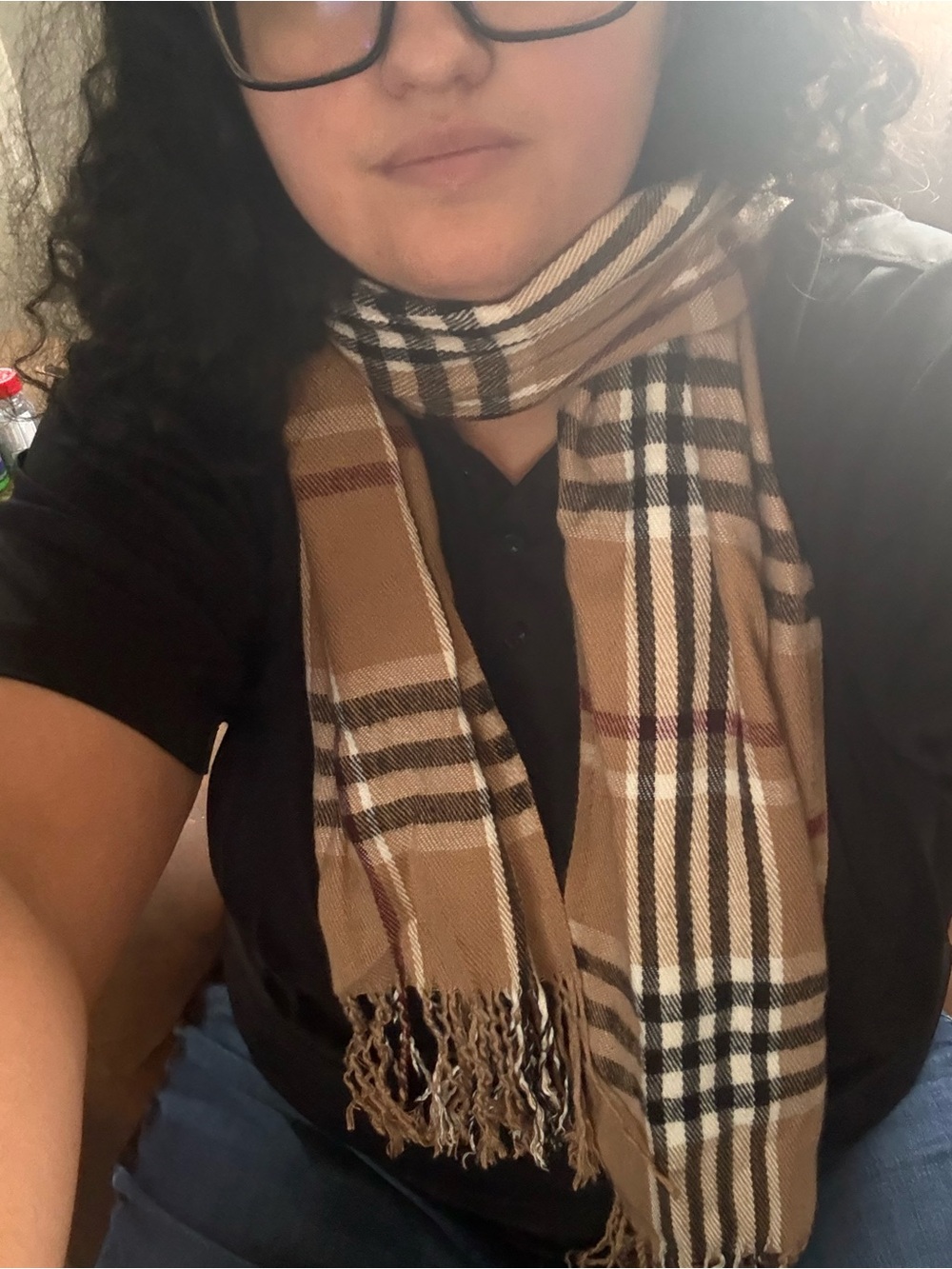 Women’s Plaid Tassel Scarf in Beige and Black